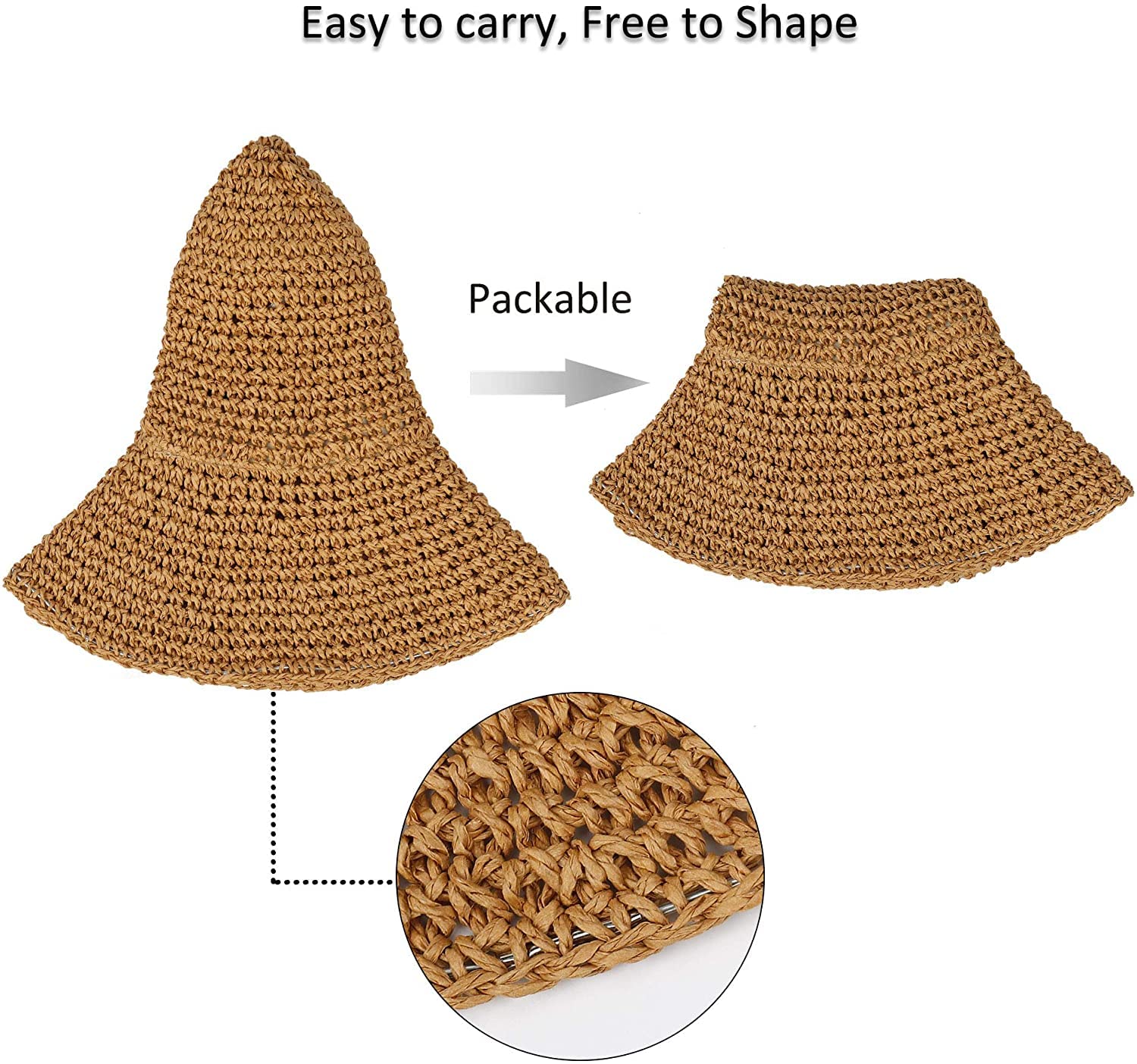 Women Straw Hat Wide Brim Beach Sun Cap Foldable Large Lady Floppy 100% Natural Paper Braided for Travel Decoration Summer Vacation Soft Lightweight and Breathable (Brown)