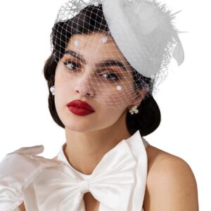 Zivyes White Tea Party Hat Fascinator with Veil Feather Headpiece Derby Hat 20s50s Pillbox Hats for Church Wedding