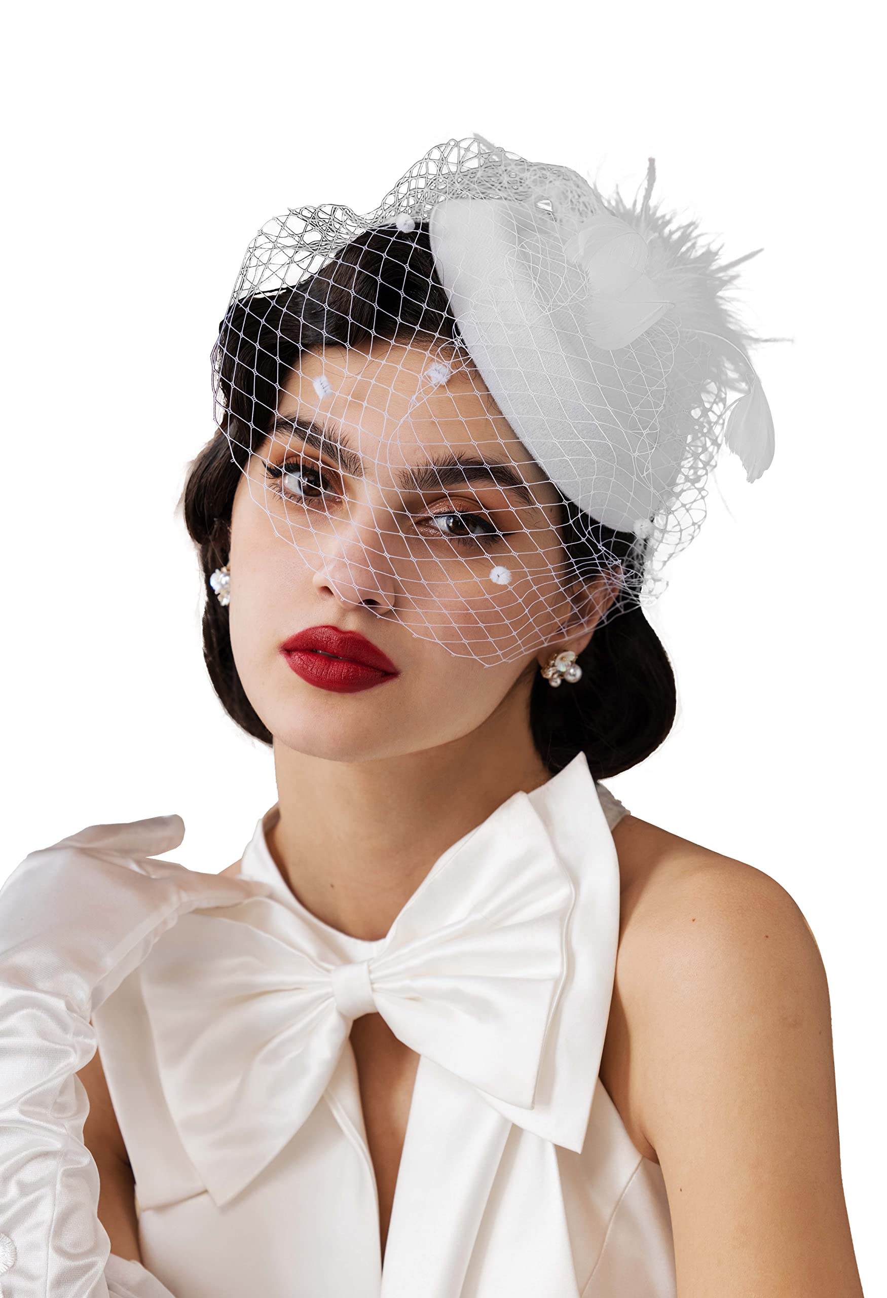 Zivyes White Tea Party Hat Fascinator with Veil Feather Headpiece Derby Hat 20s50s Pillbox Hats for Church Wedding