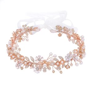 Ammei Headpiece Wedding Headband Tiara Flower Leaves Design Hair Vine With Pearls And Rhinestones (Rose Gold)