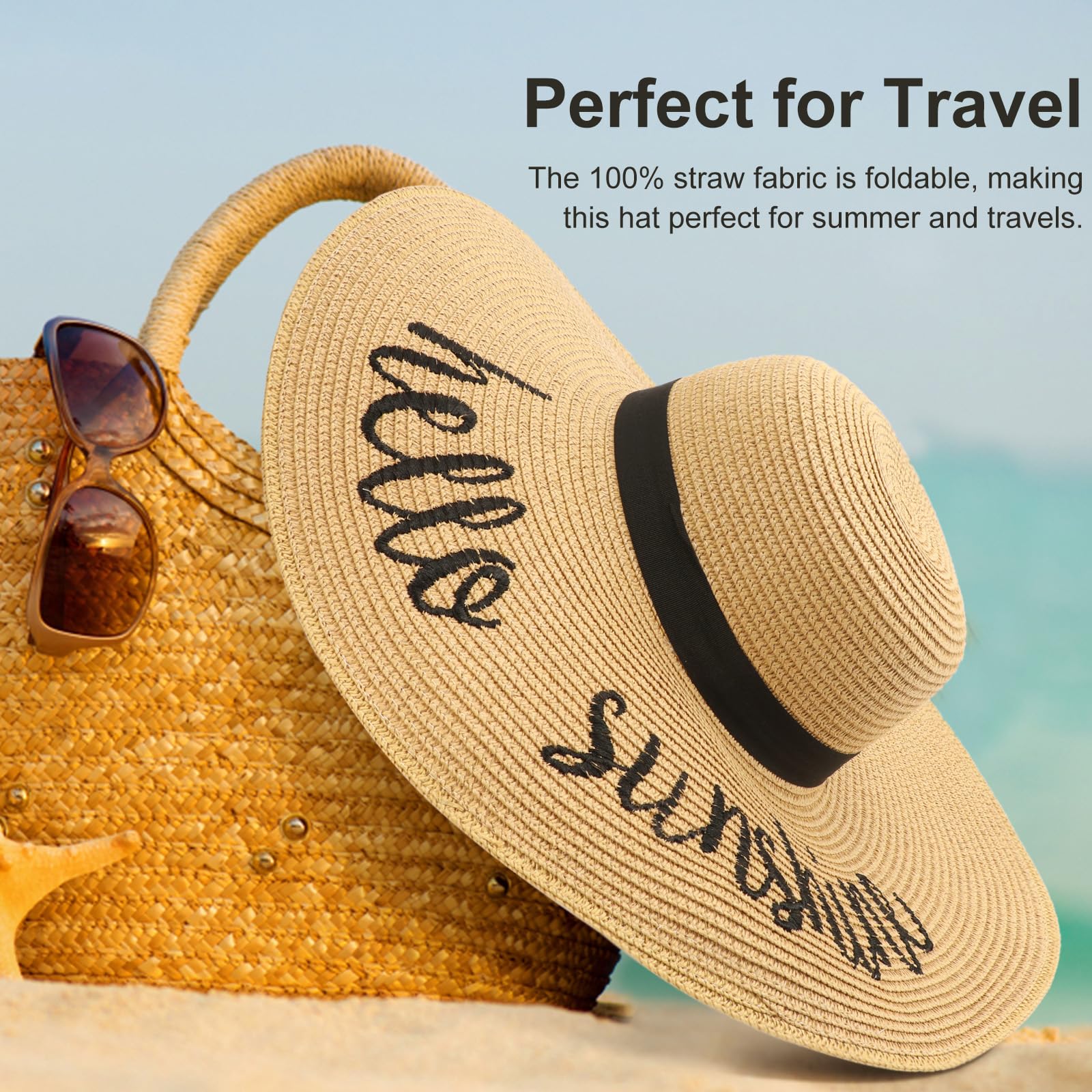 DRESHOW Big Straw Sun Hats for Women Floppy Foldable Roll up Beach Cap Sun Hat UPF 50+ Vacation Honeymoon Embroidered Hat