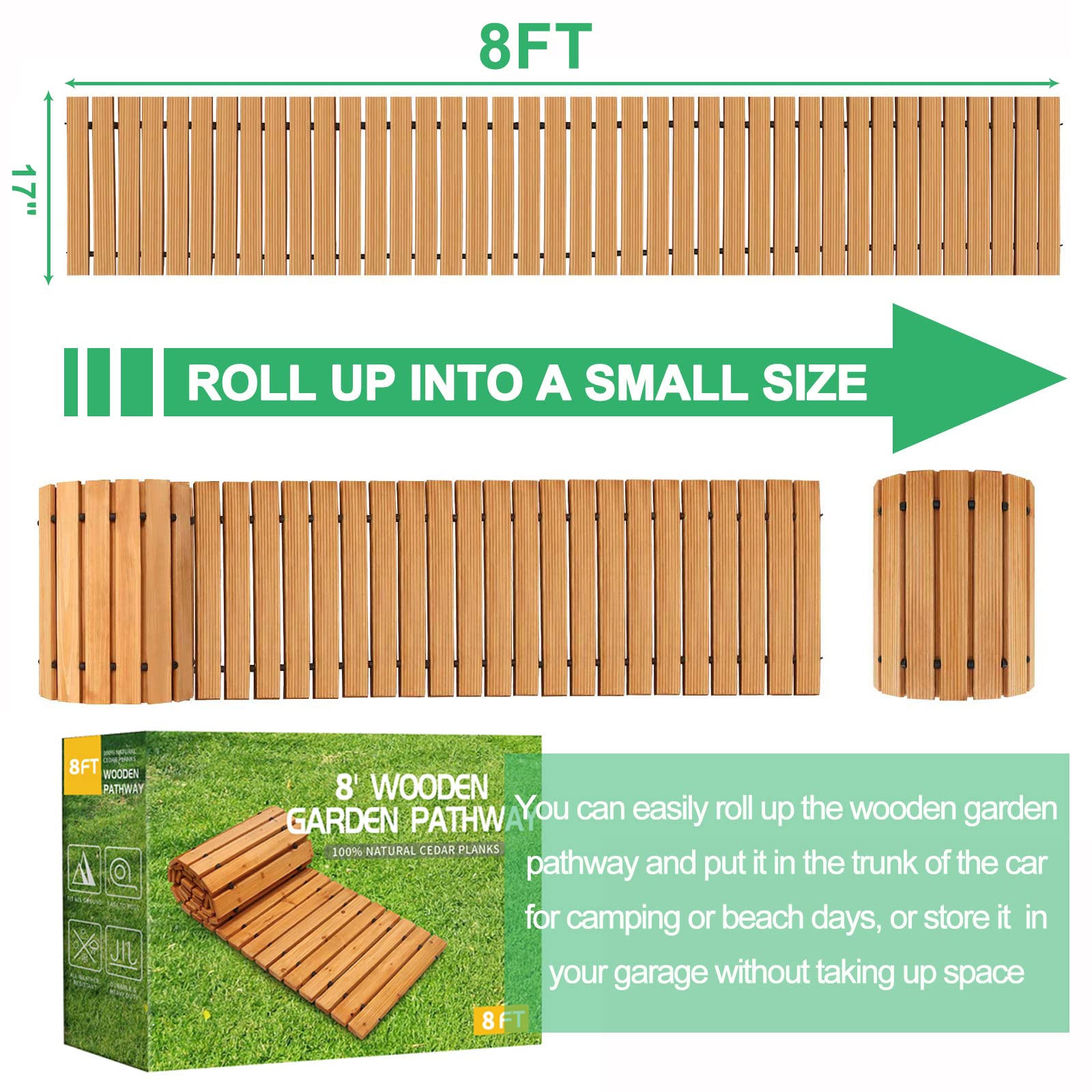 RELIANCER 8' Wooden Garden Pathway,Outdoor Roll Out Cedar Straight Walkway,Patio Path Decorative Garden Boardwalk Walkways,Weather-Resistant Roll Up Beach Wood Road Floor,Wedding Party Pathways