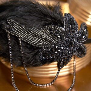 BABEYOND 1920s Flapper Headband Feather Beaded Headpiece Roaring 20s Great Gatsby Hair Accessory for Party (Black)