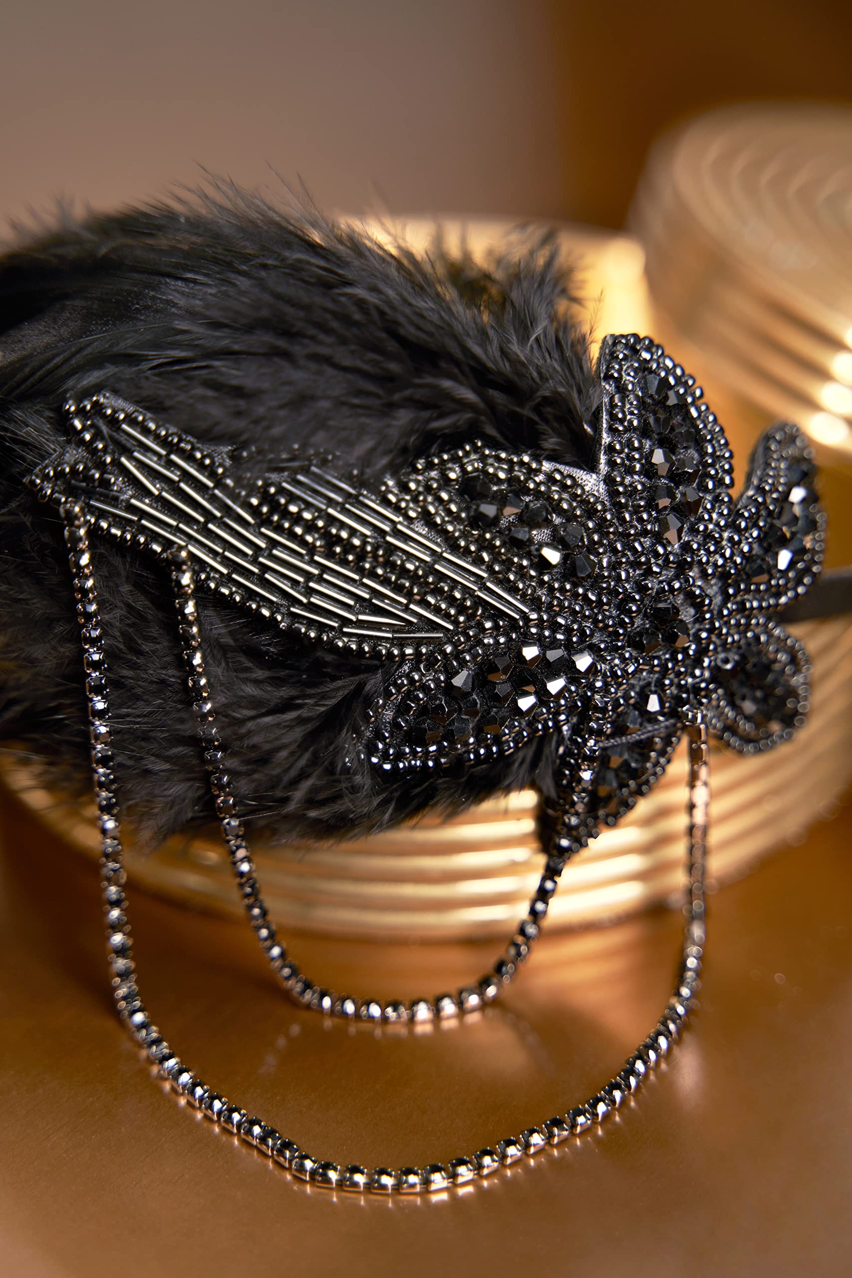 BABEYOND 1920s Flapper Headband Feather Beaded Headpiece Roaring 20s Great Gatsby Hair Accessory for Party (Black)