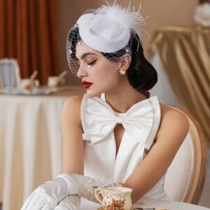 Zivyes White Tea Party Hat Fascinator with Veil Feather Headpiece Derby Hat 20s50s Pillbox Hats for Church Wedding