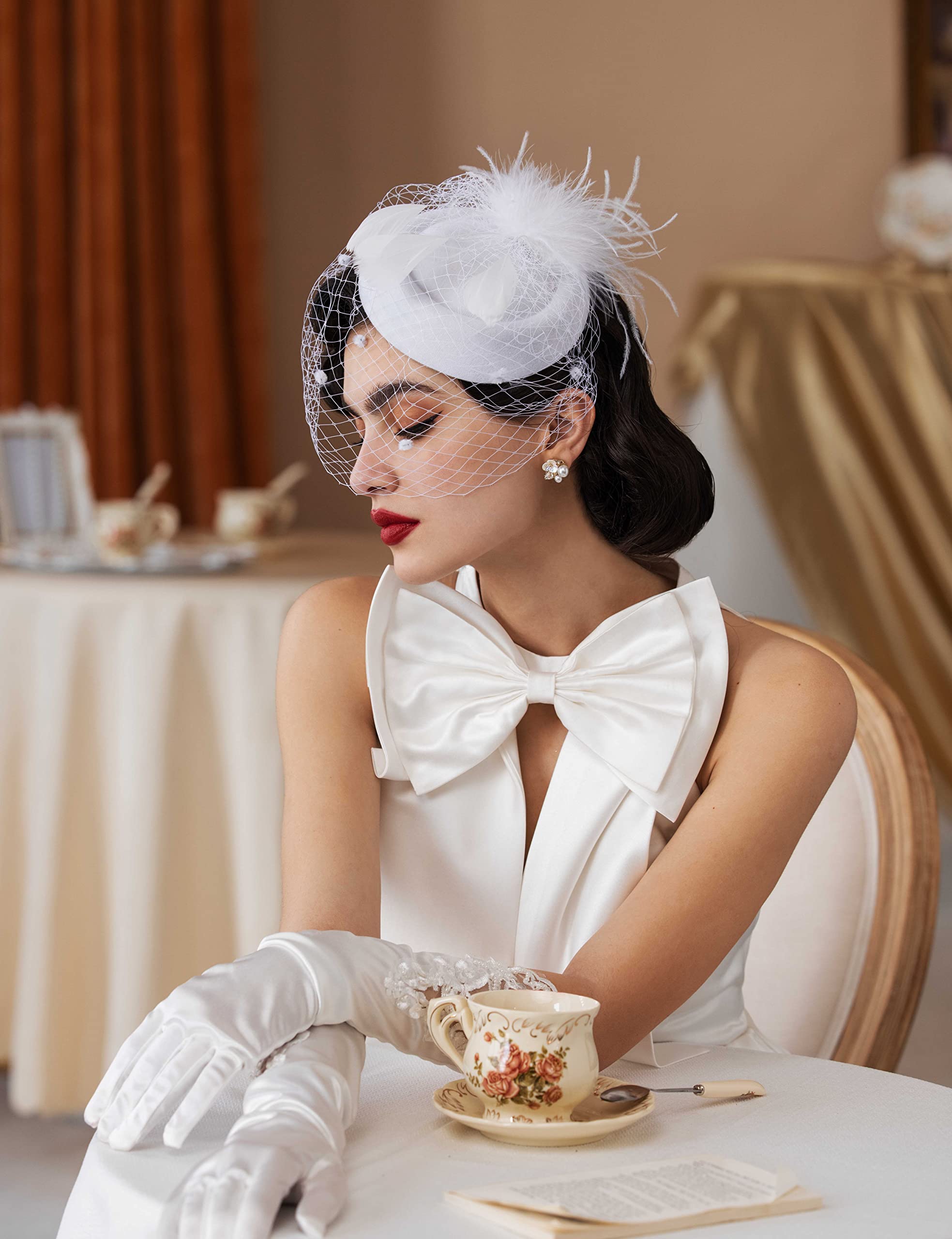 Zivyes White Tea Party Hat Fascinator with Veil Feather Headpiece Derby Hat 20s50s Pillbox Hats for Church Wedding