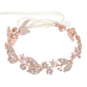 Ammei Headpiece Rose Gold Wedding Headband Flower Leaves Design Hair Vine Bridal Headpiece Wedding Hair Accessories (Rose Gold)