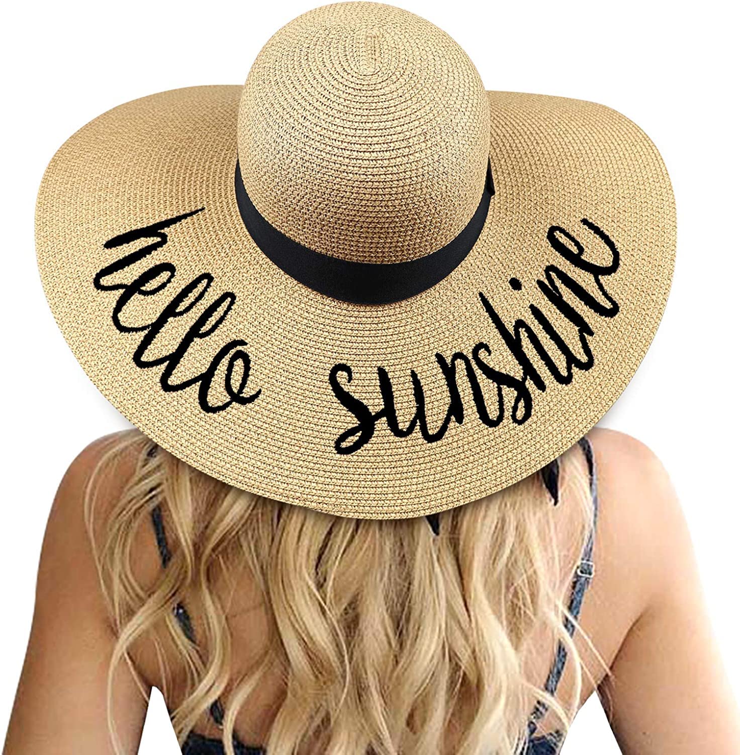 DRESHOW Big Straw Sun Hats for Women Floppy Foldable Roll up Beach Cap Sun Hat UPF 50+ Vacation Honeymoon Embroidered Hat