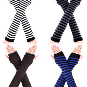 4 Pairs Women Knit Arm Warmers Long Fingerless Gloves Knitted Elbow Length Gloves Thumb Hole Gloves Winter (Black White, Black Grey, Black Blue, Black Coffee)