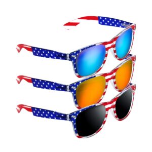 LADY&HOME American Flag Sunglasses for Men and Women,3 Packs Bulk Patriotic Red White and Blue Shades, USA Flag Accessories for July 4th (Transparent)