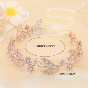 Ammei Headpiece Rose Gold Wedding Headband Flower Leaves Design Hair Vine Bridal Headpiece Wedding Hair Accessories (Rose Gold)