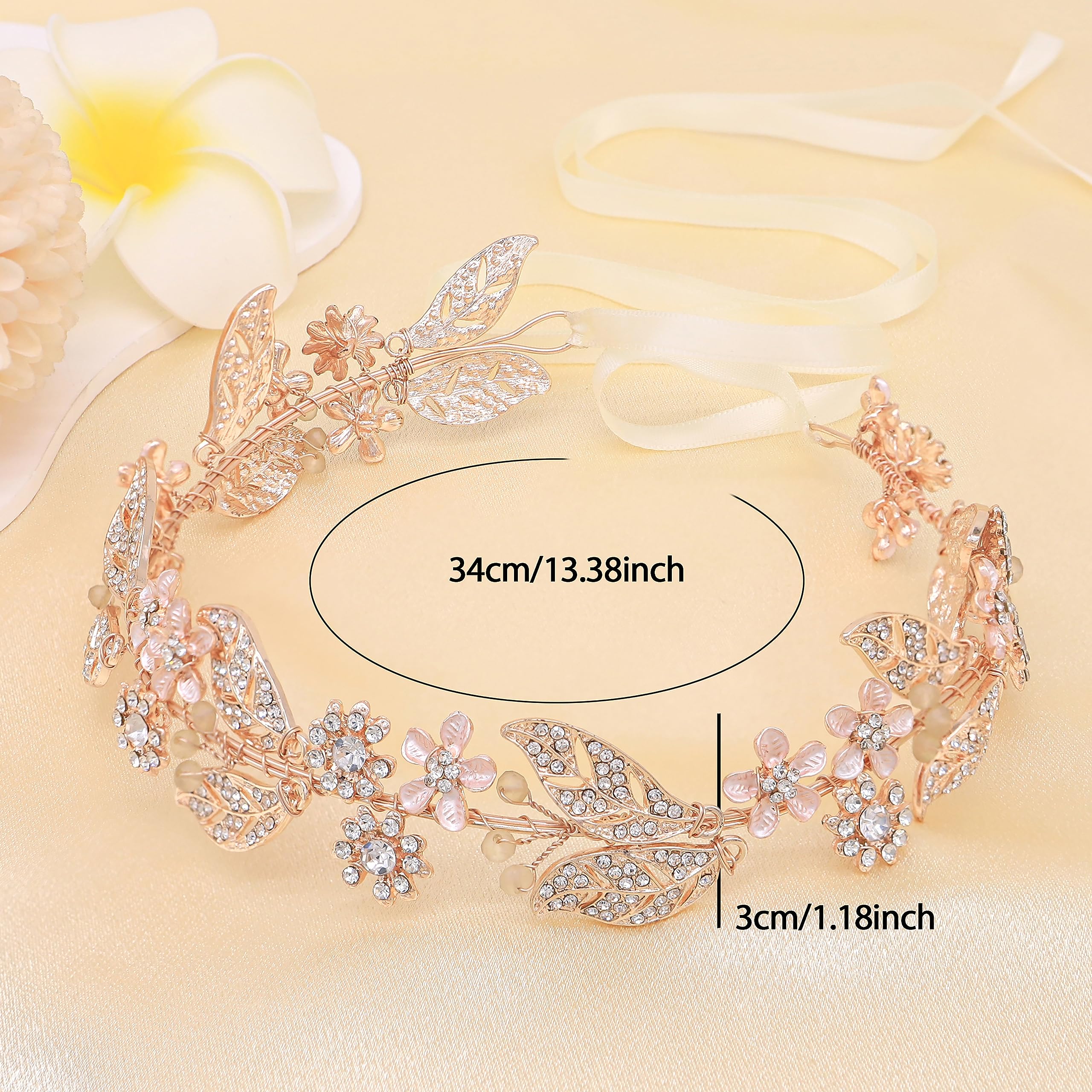 Ammei Headpiece Rose Gold Wedding Headband Flower Leaves Design Hair Vine Bridal Headpiece Wedding Hair Accessories (Rose Gold)