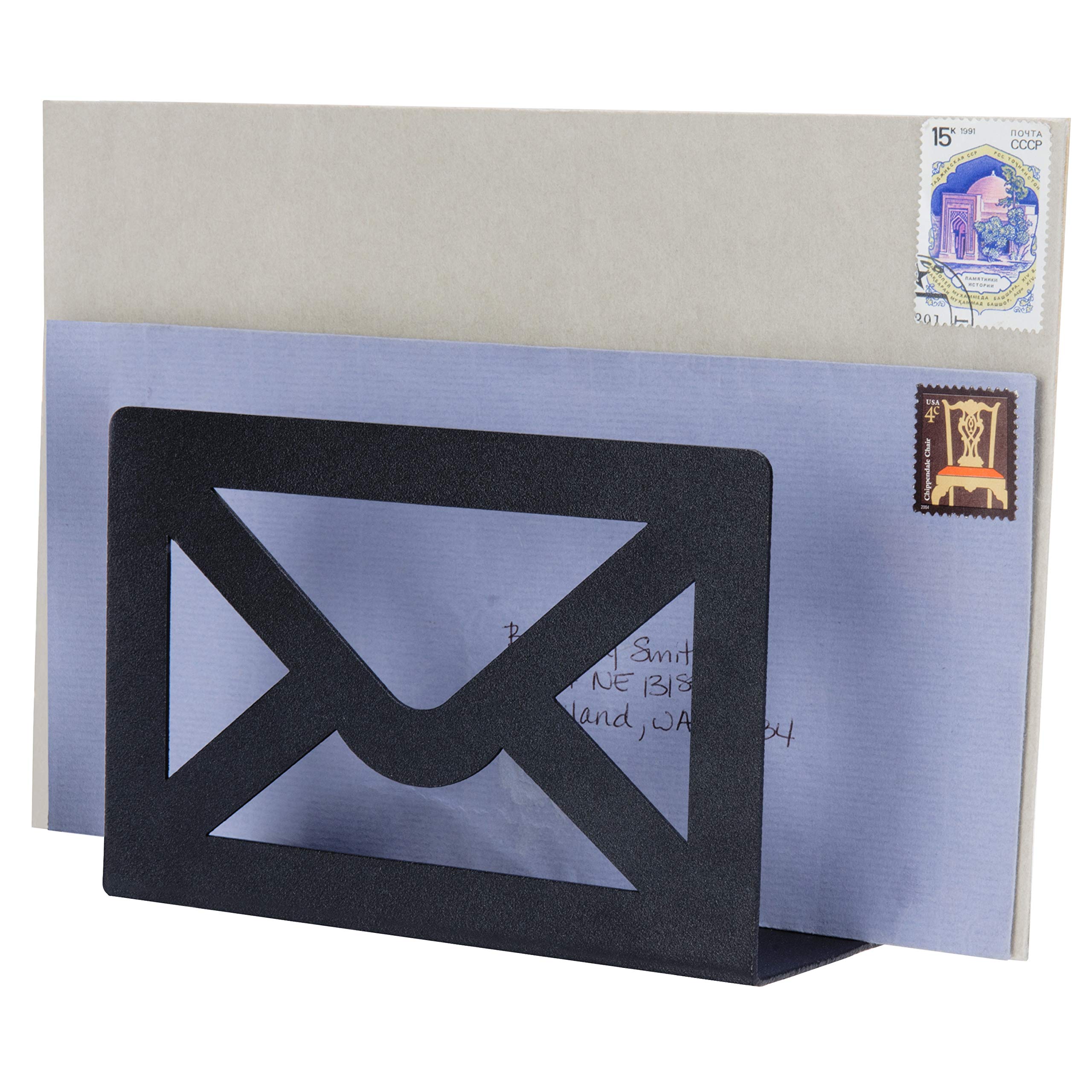 MyGift Black Metal Desktop Mail Holder with Cutout Envelope Design Home and Office Desk Letter Organizer