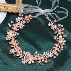 Ammei Headpiece Wedding Headband Tiara Flower Leaves Design Hair Vine With Pearls And Rhinestones (Rose Gold)