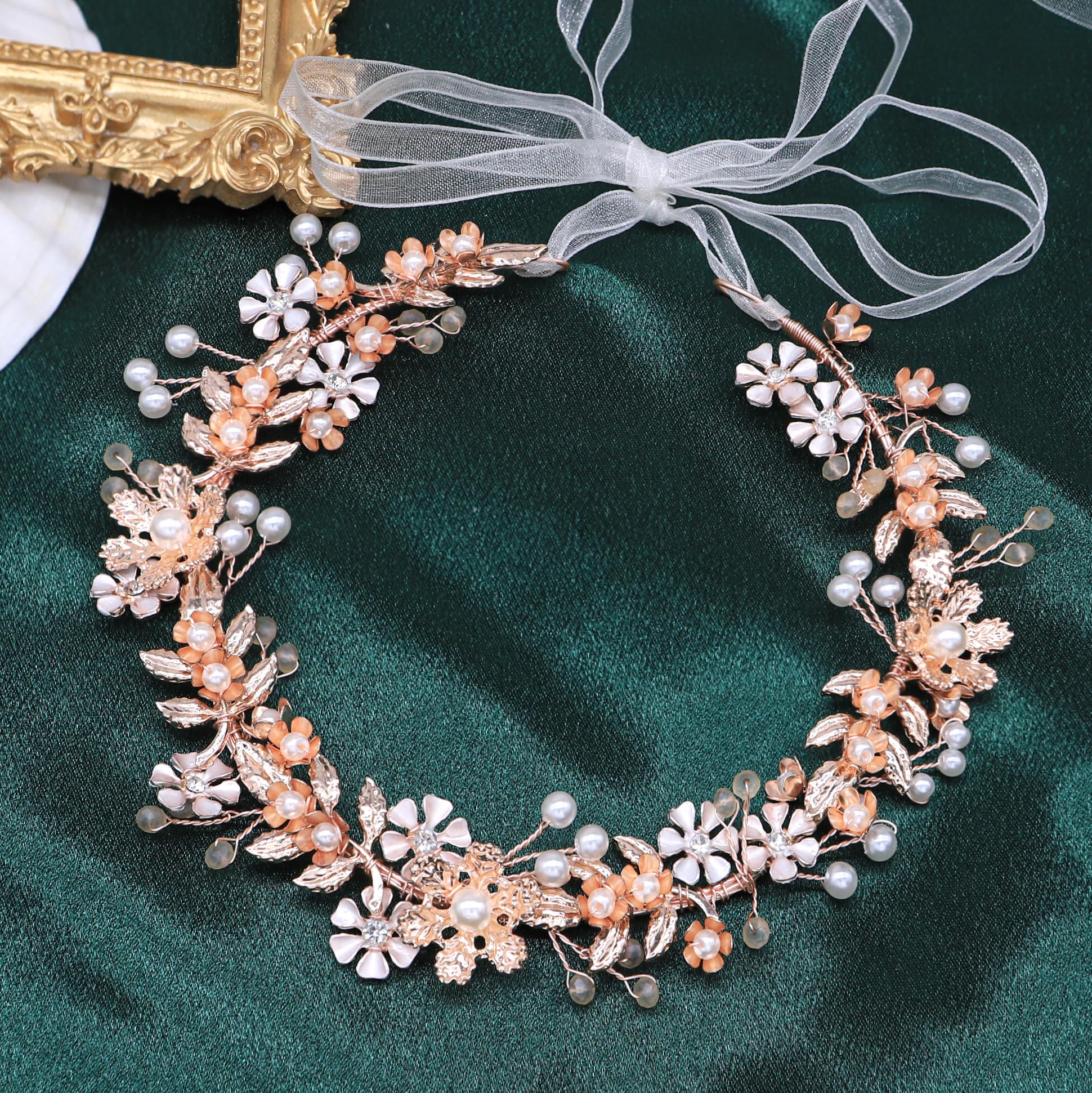 Ammei Headpiece Wedding Headband Tiara Flower Leaves Design Hair Vine With Pearls And Rhinestones (Rose Gold)