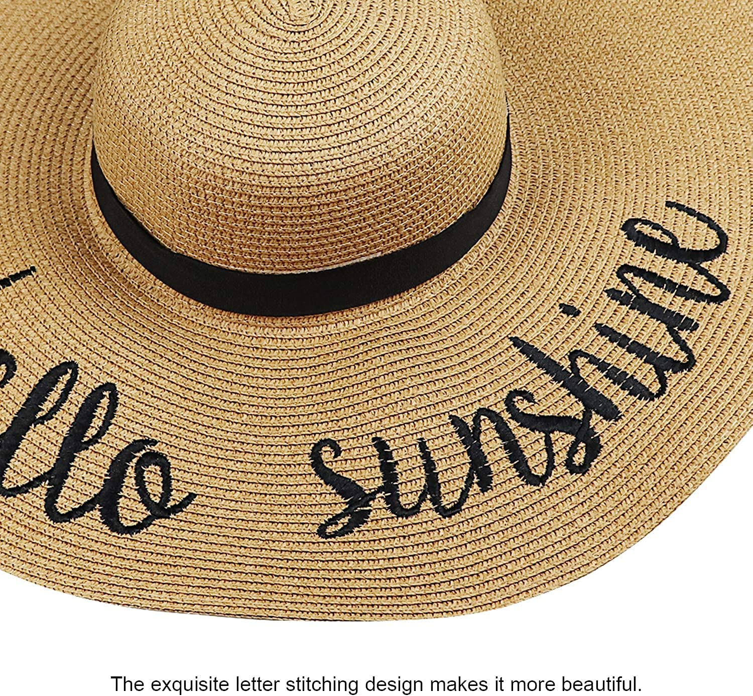 DRESHOW Big Straw Sun Hats for Women Floppy Foldable Roll up Beach Cap Sun Hat UPF 50+ Vacation Honeymoon Embroidered Hat