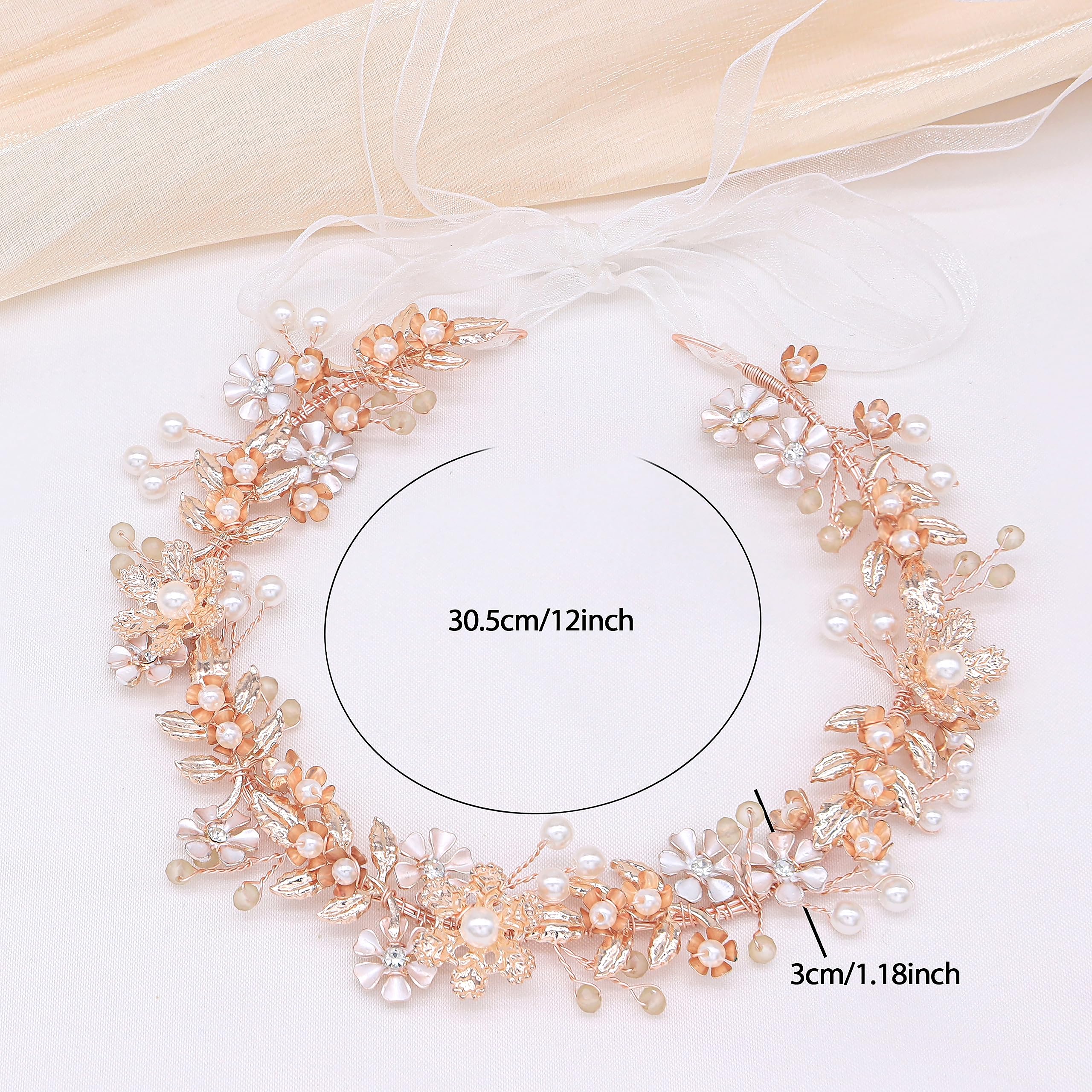 Ammei Headpiece Wedding Headband Tiara Flower Leaves Design Hair Vine With Pearls And Rhinestones (Rose Gold)