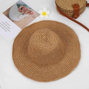 Women Straw Hat Wide Brim Beach Sun Cap Foldable Large Lady Floppy 100% Natural Paper Braided for Travel Decoration Summer Vacation Soft Lightweight and Breathable (Brown)