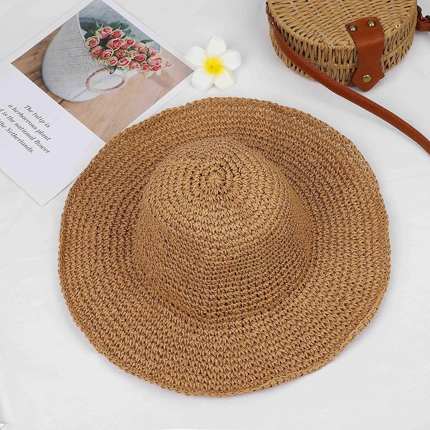 Women Straw Hat Wide Brim Beach Sun Cap Foldable Large Lady Floppy 100% Natural Paper Braided for Travel Decoration Summer Vacation Soft Lightweight and Breathable (Brown)