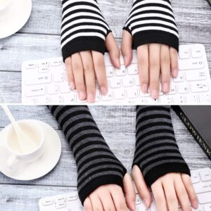 4 Pairs Women Knit Arm Warmers Long Fingerless Gloves Knitted Elbow Length Gloves Thumb Hole Gloves Winter (Black White, Black Grey, Black Blue, Black Coffee)