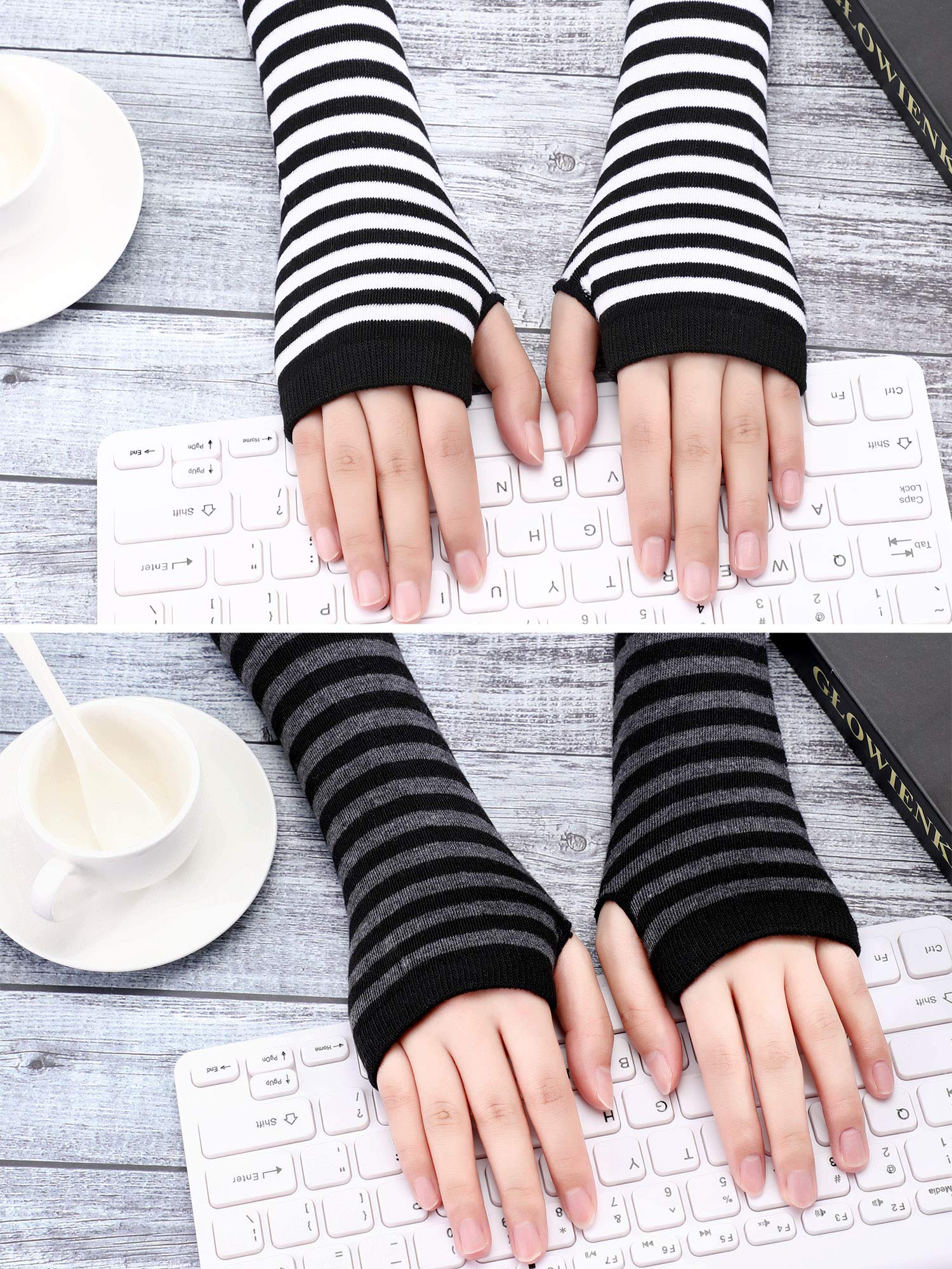 4 Pairs Women Knit Arm Warmers Long Fingerless Gloves Knitted Elbow Length Gloves Thumb Hole Gloves Winter (Black White, Black Grey, Black Blue, Black Coffee)