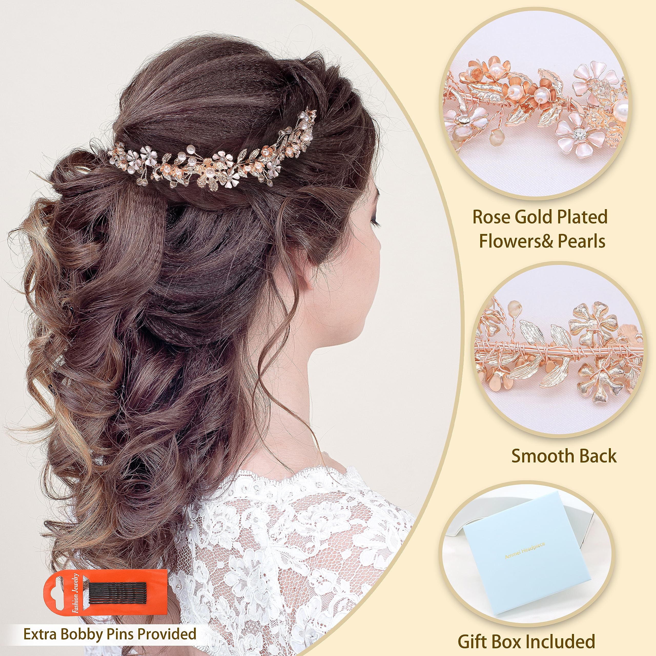 Ammei Headpiece Wedding Headband Tiara Flower Leaves Design Hair Vine With Pearls And Rhinestones (Rose Gold)