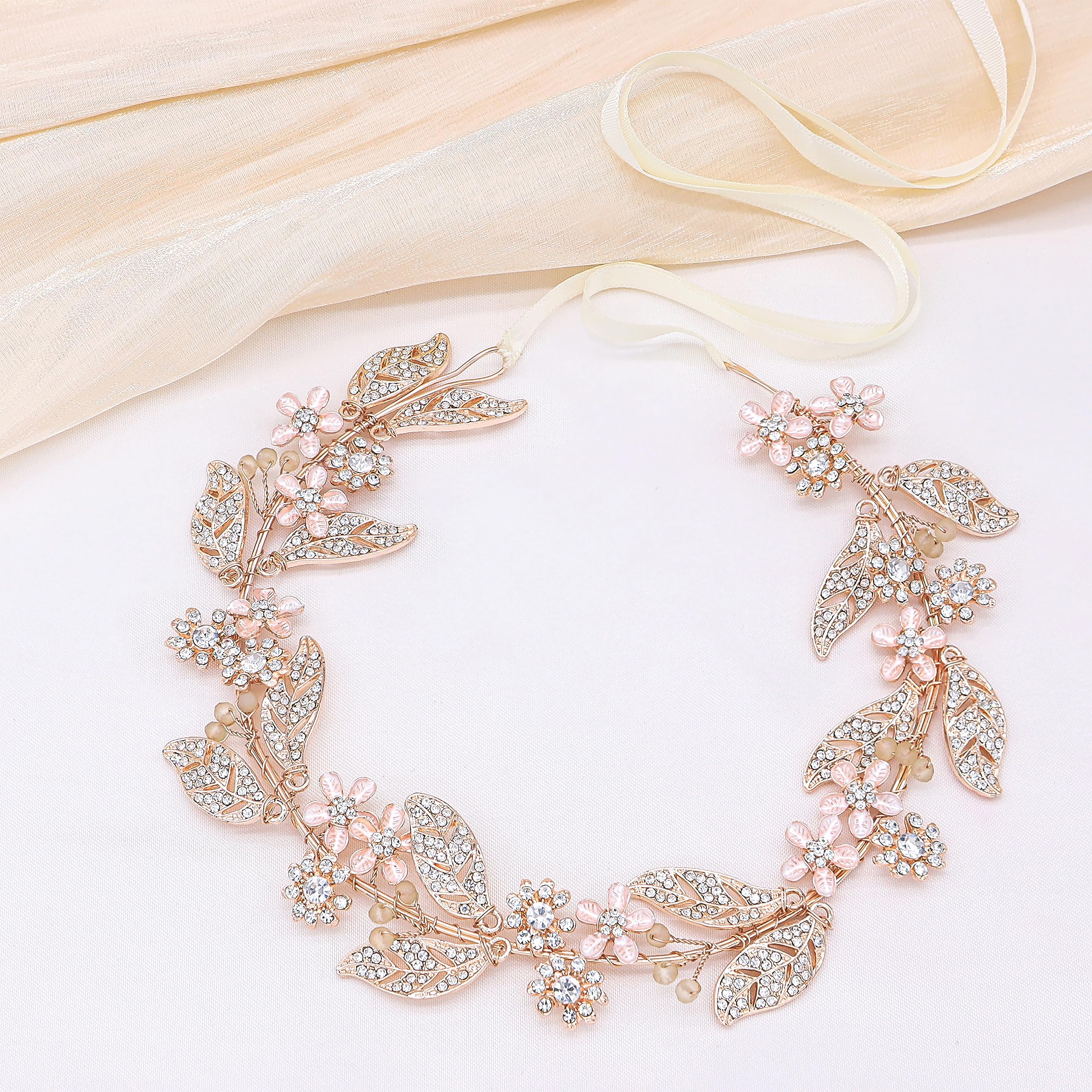 Ammei Headpiece Rose Gold Wedding Headband Flower Leaves Design Hair Vine Bridal Headpiece Wedding Hair Accessories (Rose Gold)