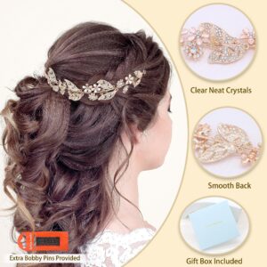 Ammei Headpiece Rose Gold Wedding Headband Flower Leaves Design Hair Vine Bridal Headpiece Wedding Hair Accessories (Rose Gold)