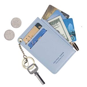 Small Wallets for Women Slim Leather Card Case Holder Wallet Coin Change Purse with Keychain (Blue)