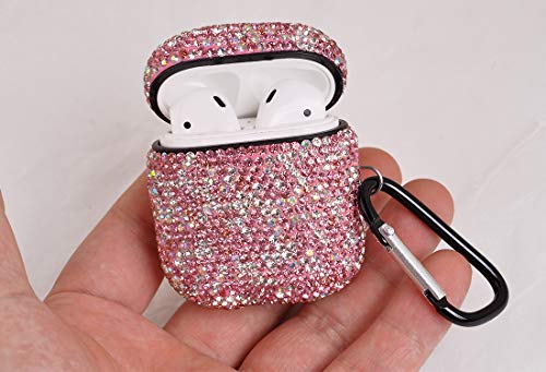 Sparkly Diamond Case for AirPods with Keychain, Shockproof Protective Premium Bling Rhinestone Cover Skin Compatible with AirPods Charging Case 2 & 1(Pink+AB C6)