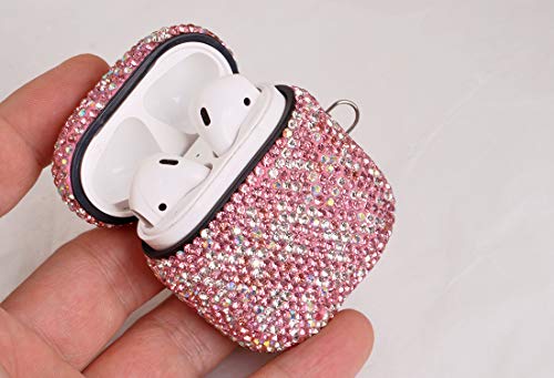 Sparkly Diamond Case for AirPods with Keychain, Shockproof Protective Premium Bling Rhinestone Cover Skin Compatible with AirPods Charging Case 2 & 1(Pink+AB C6)