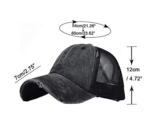 Eohak Distressed Ponytail Hats Baseball for Women Messy-Bun Pony Caps (Black)