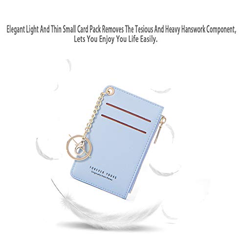 Small Wallets for Women Slim Leather Card Case Holder Wallet Coin Change Purse with Keychain (Blue)