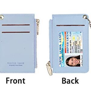 Small Wallets for Women Slim Leather Card Case Holder Wallet Coin Change Purse with Keychain (Blue)