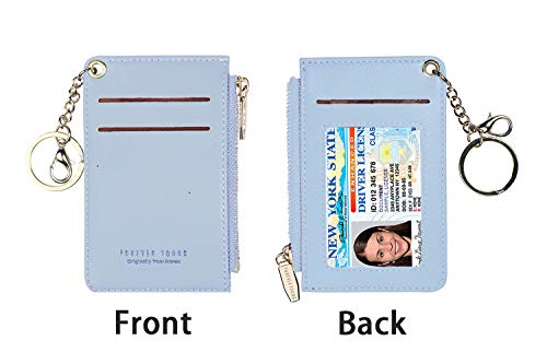 Small Wallets for Women Slim Leather Card Case Holder Wallet Coin Change Purse with Keychain (Blue)