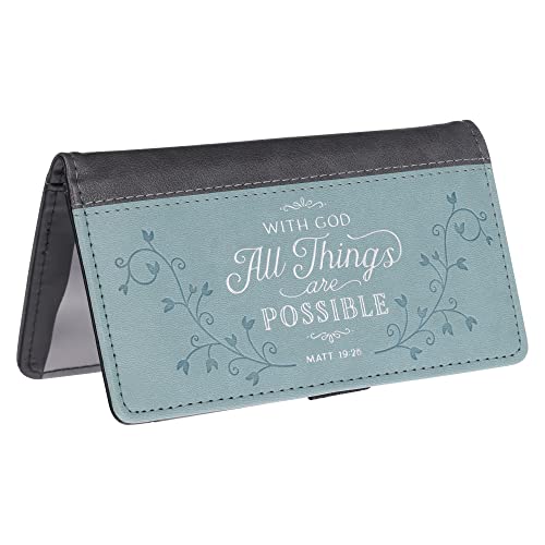 Christian Art Gifts Checkbook Cover for Women and Men - All Things Are Possible Christian Blue Wallet Faux Leather Christian Checkbook Cover for Duplicate Checks Credit Cards & Pen Loop - Mathew 19:26