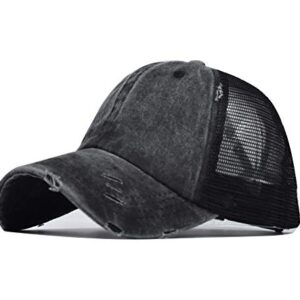 Eohak Distressed Ponytail Hats Baseball for Women Messy-Bun Pony Caps (Black)