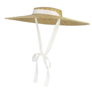 jelord women vintage boater straw hat wide brim flat top floppy derby straw hat beach sun hats with chin strap brim:18cm white