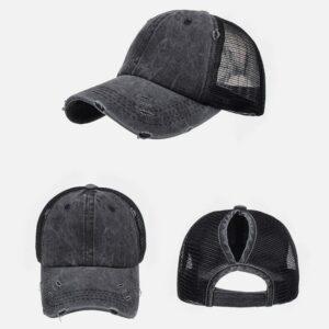 Eohak Distressed Ponytail Hats Baseball for Women Messy-Bun Pony Caps (Black)