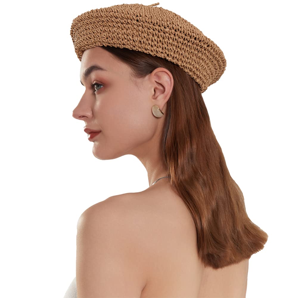 JH JOEJERRY Straw Beret Summer French Beret Hats for Women Artist Crochet Beret Khaki