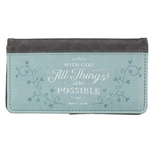 christian art gifts checkbook cover for women and men - all things are possible christian blue wallet faux leather christian checkbook cover for duplicate checks credit cards & pen loop - mathew 19:26