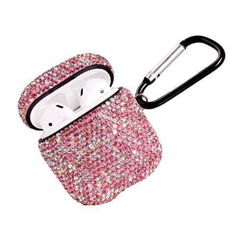 Sparkly Diamond Case for AirPods with Keychain, Shockproof Protective Premium Bling Rhinestone Cover Skin Compatible with AirPods Charging Case 2 & 1(Pink+AB C6)