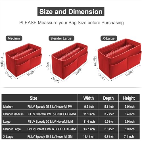 OMYSTYLE Red Purse Organizer Insert for Handbags, Felt Bag Organizer for Tote & Purse, Tote Bag Organizer Insert with 5 Sizes, Compatible with Neverful Speedy and More