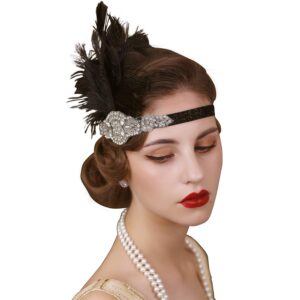 SWEETV 1920s Headpiece Flapper Headband, Rhinestone Feather Great Gatsby Headpiece Hair Accessories for Women (Black)