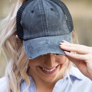 Eohak Distressed Ponytail Hats Baseball for Women Messy-Bun Pony Caps (Black)