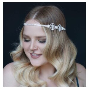 SWEETV 1920s Headband for Women-Silver Rhinestone Flapper Headpiece Accessories for Great Gatsby Party