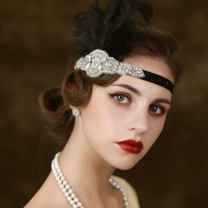 SWEETV 1920s Headpiece Flapper Headband, Rhinestone Feather Great Gatsby Headpiece Hair Accessories for Women (Black)