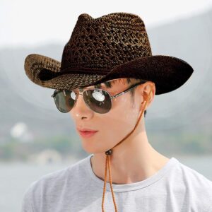 Straw Hat Women Men Cowboy Hat Beach Floppy Sun Hat Brim Summer Sun Hat Fashion Folding Travel Cap UPF50 Sun Visor Hat UV Protection Sunhat Fisherman Bush Hat (Brown)