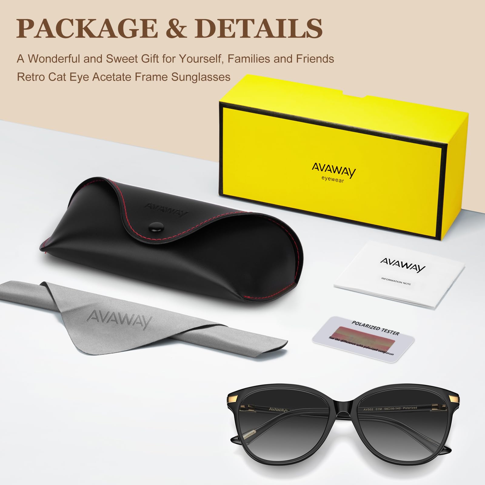 AVAWAY Black and Gold Cat Eye Sunglasses Womens Polarized UV Protection Trendy Acetate Frame Ladies Sun Glasses Shade Sunnies