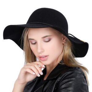 Lanzom Women Lady Retro Wide Brim Large Floppy Panama Hat Belt Wool Fedora Hat (A-Black, One Size)